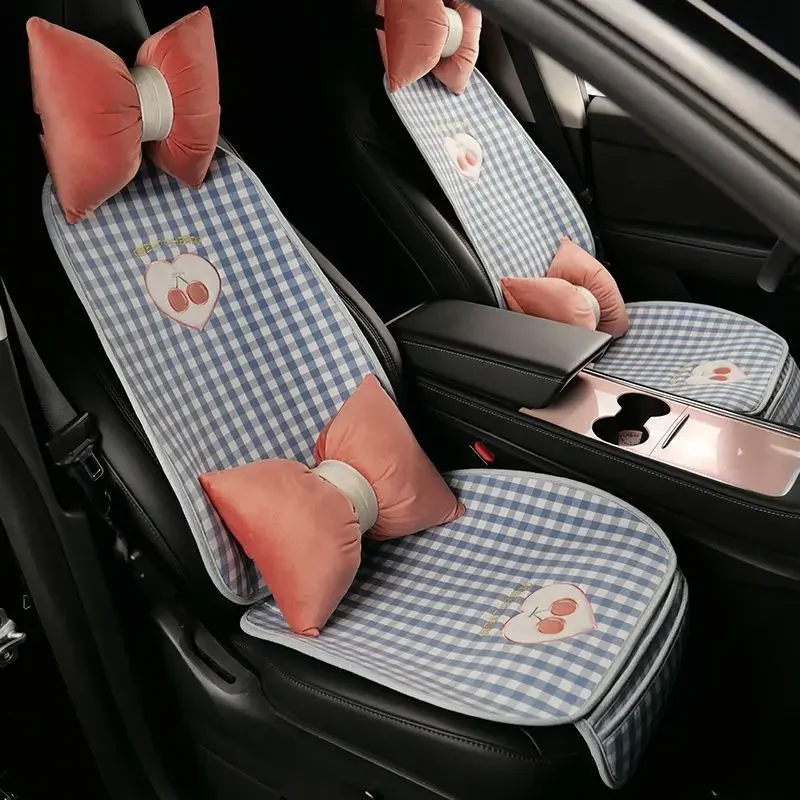 Universal Linen Car Seat Cushion Plaid Cherry Design Four Seasons Half Surround Breathable Summer Day Seat Cover
