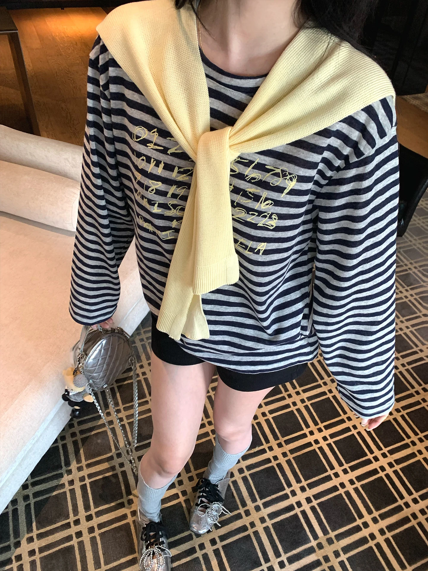 

Loose Long Sve Striped oulder Wrap T-irt Women's Early Spring Youthful Cotton Polyester Blend Comfortable Casual Top