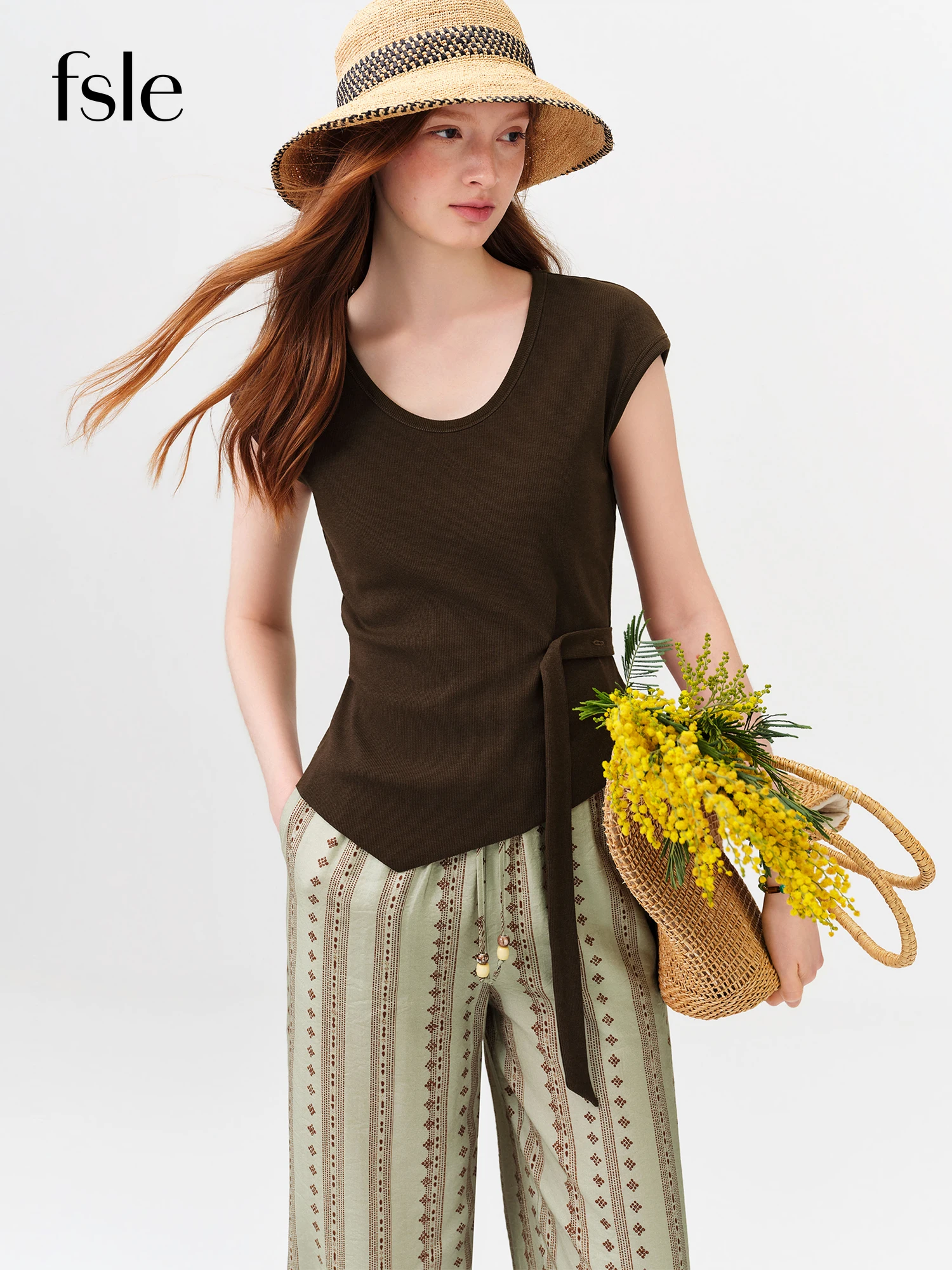 FSLE 2026 Summer Women's Vacation-Inspired U-Neck Drop Shoulder Top Side Tie Detail - Soft Minimalist Style for Beach Getaways