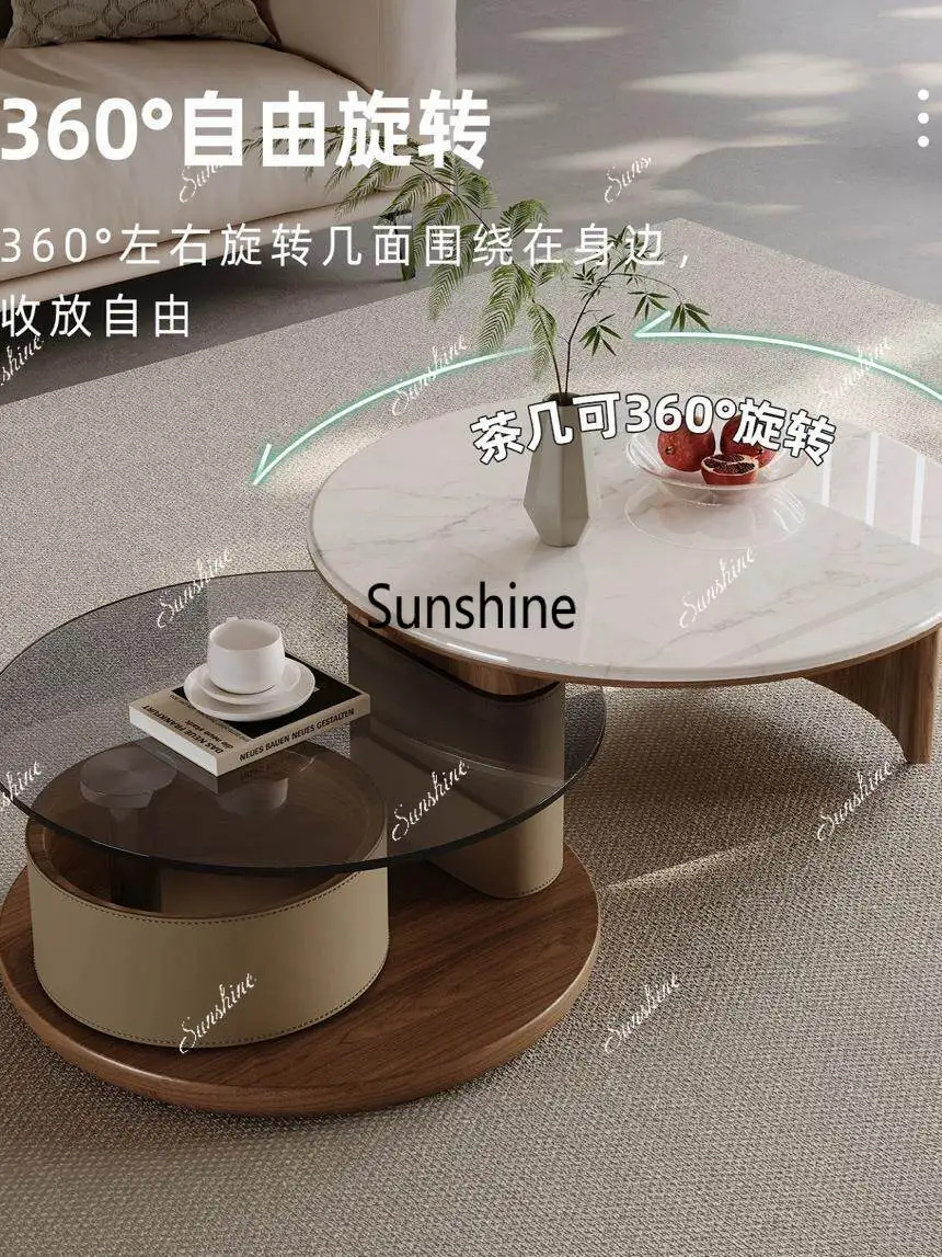 Italian minimalist living room antique style, rotating coffee table household small apartment high-end round glass