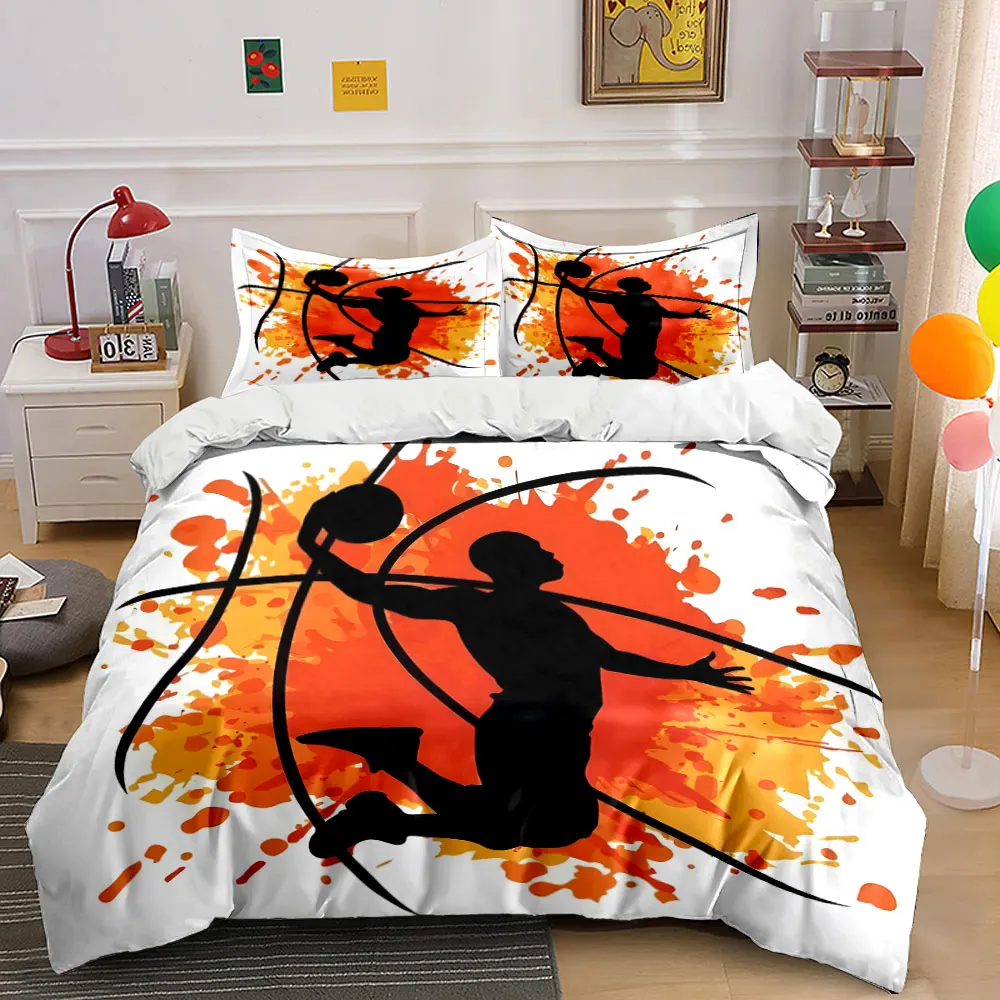 Basketball dunk silhouette with orange Bedding Set for Kids Luxury Gift 3pcs Digital Print Comforter Set Soft Comfortable