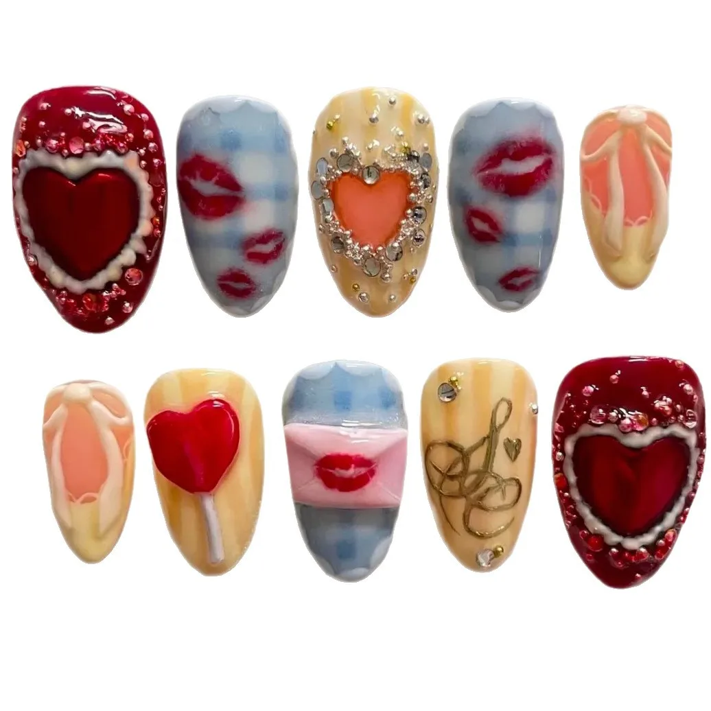 24 pièces battement de coeur lèvres impression presse sur ongles nœuds papillon amour coeur conçoit coloré amande faux ongles épicé fille Valentine faux ongles