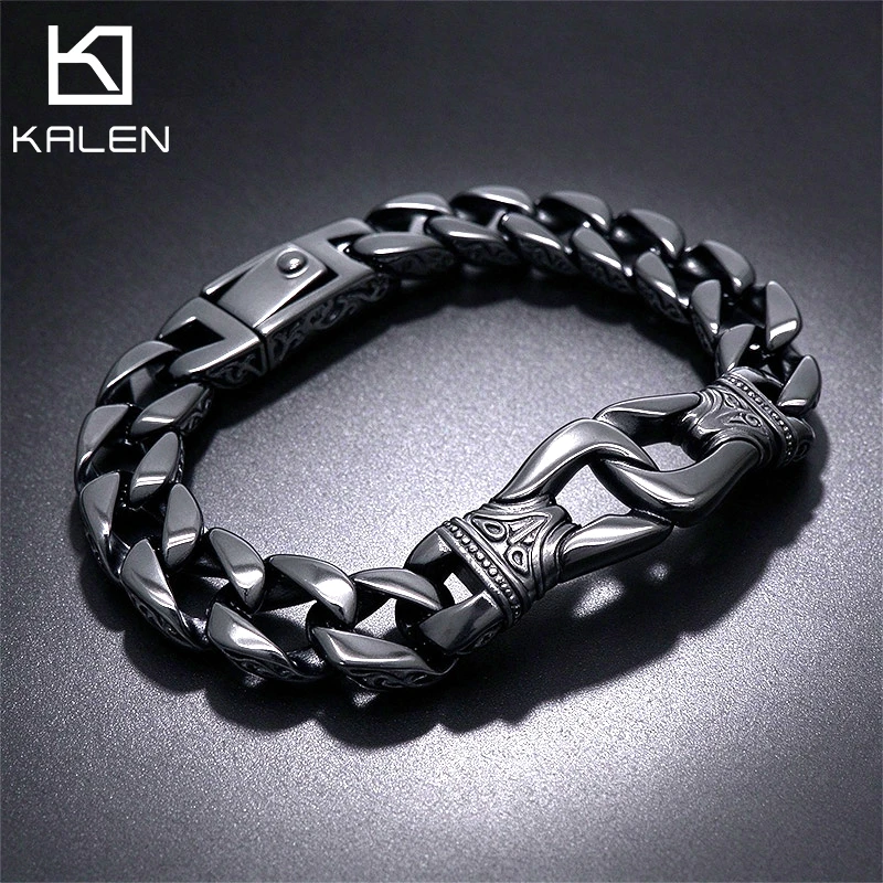KALEN Vintage Carved Buckle Cuban Bracelet For Men Stainless Steel Punk Rock Hip Hop Jewelry Gothic Accessories Halloween Gifts