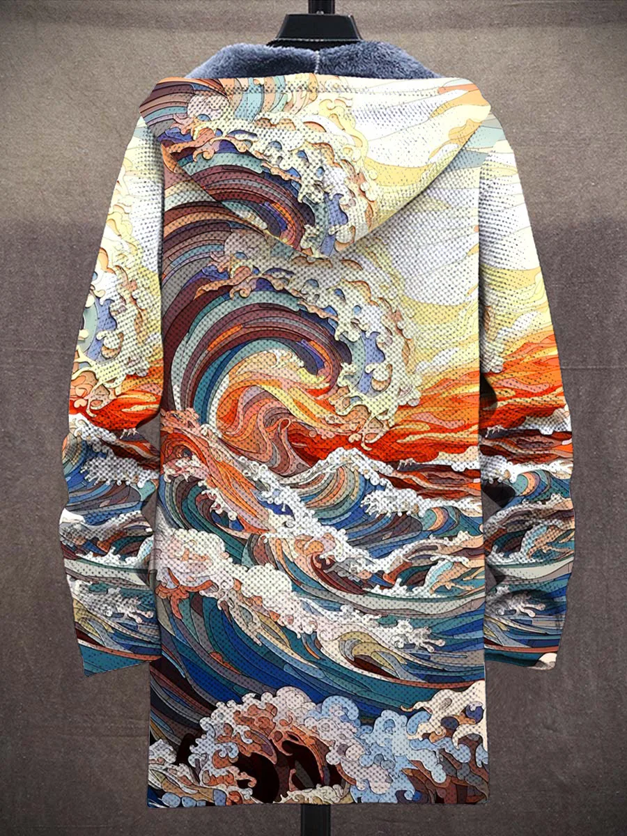 Multicolor Art Waves Pattern 3D Printed Men's Plush Thick Long-Sleeved Sweater Cardigan Coat Winter Warm Zipper Jacket HRD11