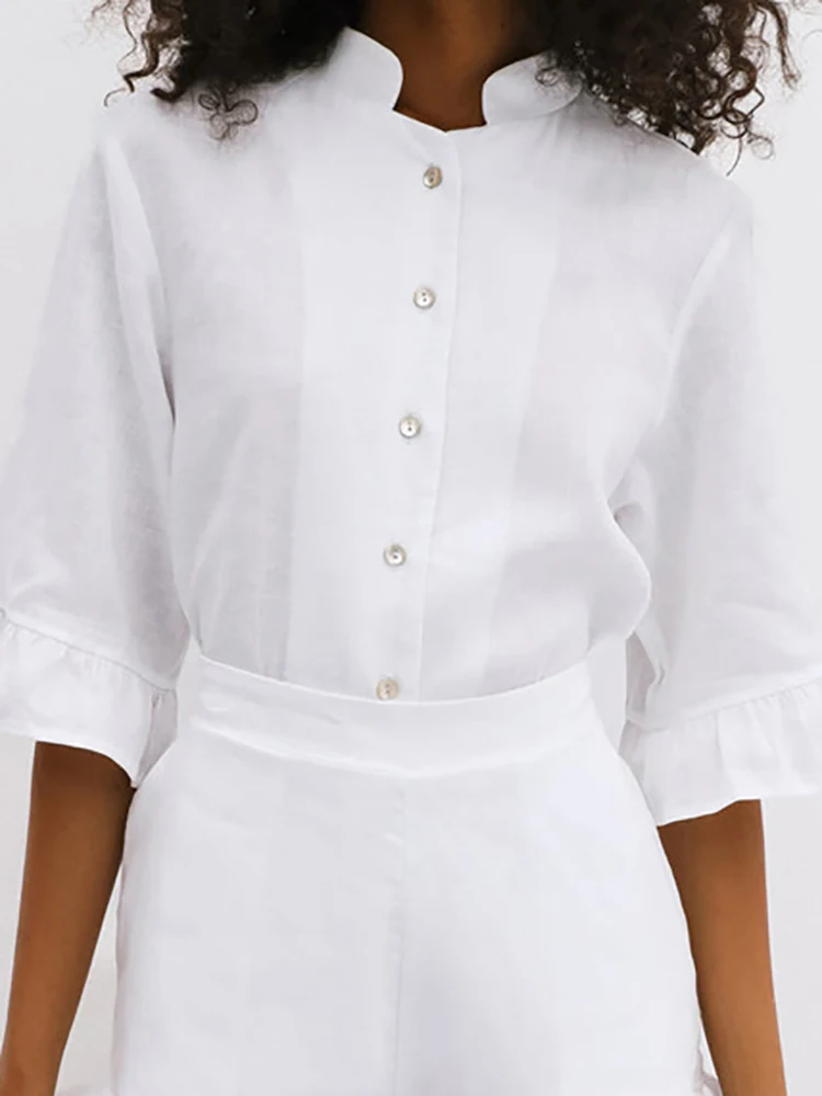 

New Casual Loose Summer Beach Outfit Simple Solid Color Ruffle Holiday Two Piece Sets Women's O-neck Button Top and Shorts Suit