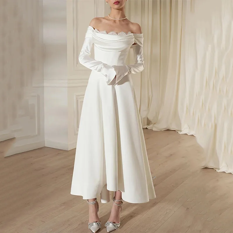 LAYXHS فساتين زفاف أنيقة قابلة للانفصال قبالة الكتف دانتيل طول الكاحل مطوي زي العرائس مخصص رداء دي سواريه