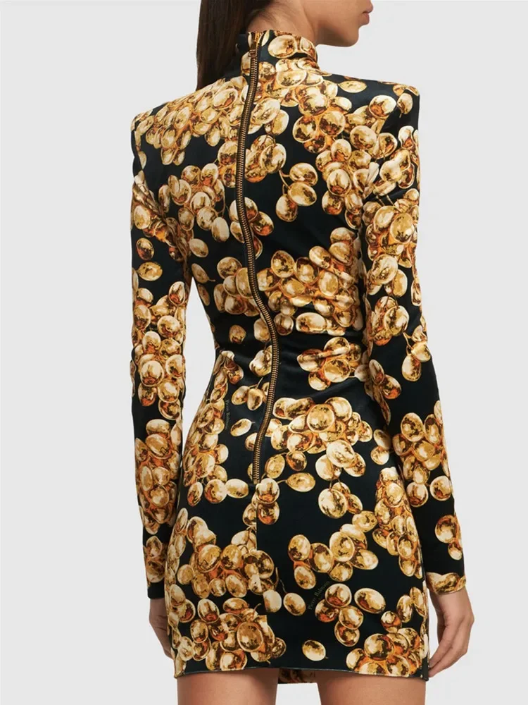 Women Big Stretchable Black Gold Printed Long Sleeve Bodycon Mini Dress High Street Evening Club Party Dresses Guest Looking