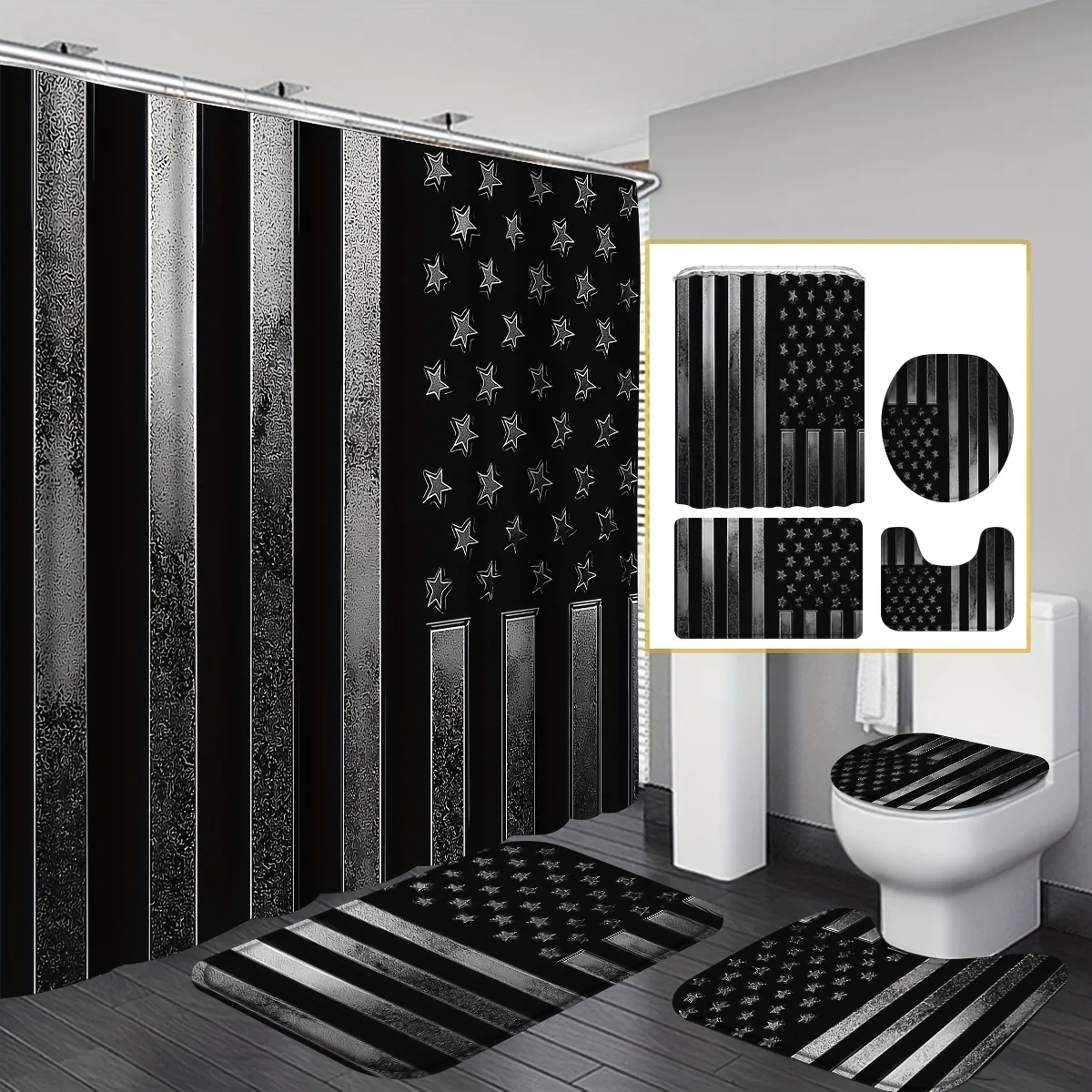 4-Piece Modern Star-Inspired Shower Curtain Set – Black & Gray Tone Bathroom Bundle with 12 Matching Hooks, Non-Slip Rug, U-Shaped Toilet Mat, and Lid Cover – Stylish Metallic-Finish Decor for Everyday Use