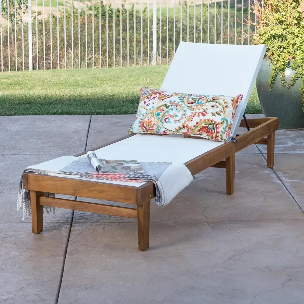 

Beach Chairs, Outdoor Mesh Chaise Lounge with Acacia Wood Frame, Teak Finish / White Mesh, Beach Chairs