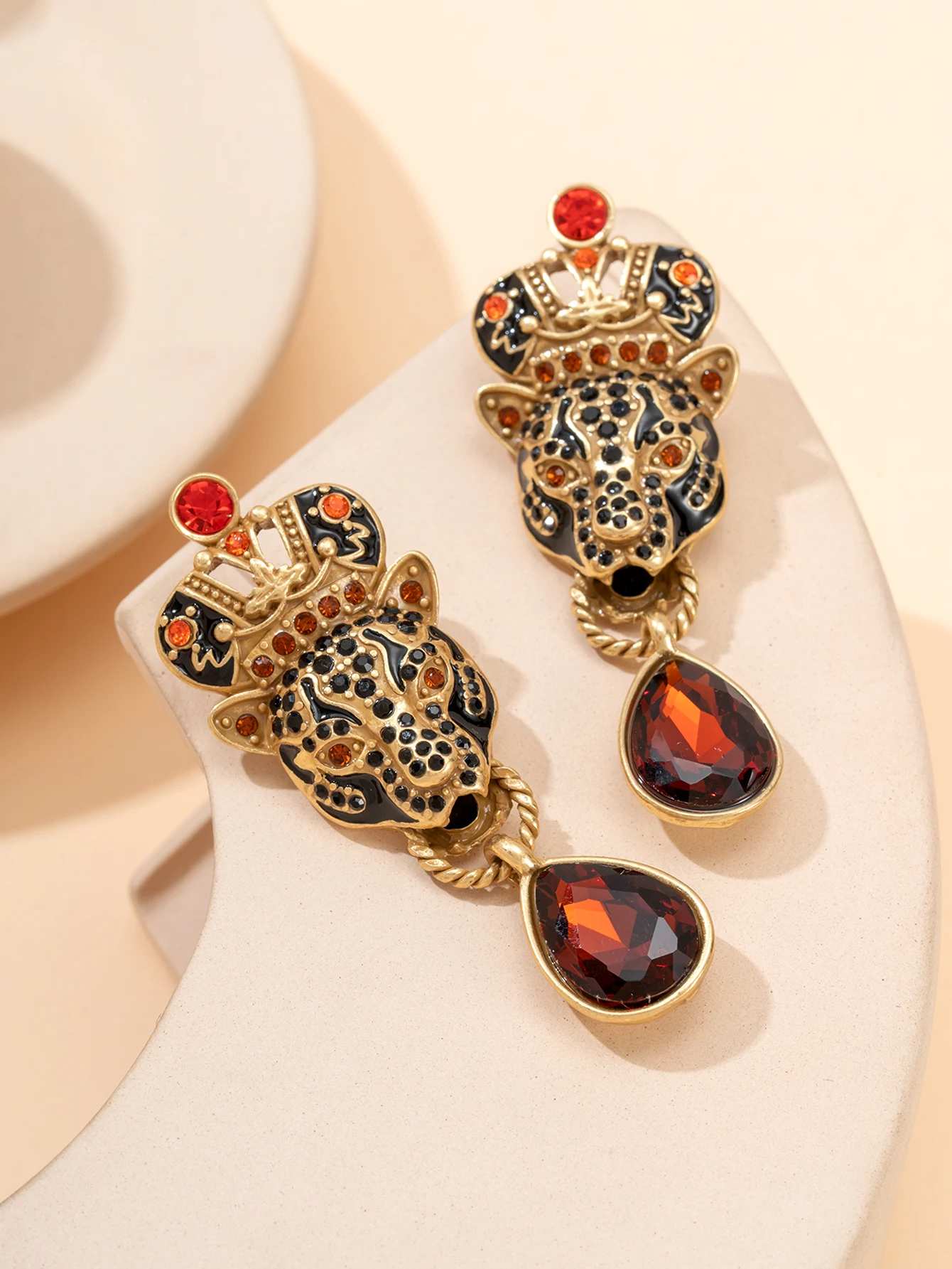 Baroque distressed gold black panther head red zircon long earrings, vintage exaggerated earrings
