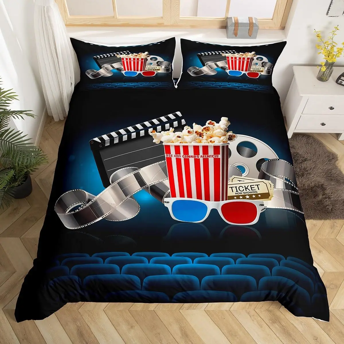 Vintage Cinema Duvet Cover Full, Film Strip Ticket Popcorn Bedding Set Home Movie Theater Comforter Cover Movie Theme Room Decor