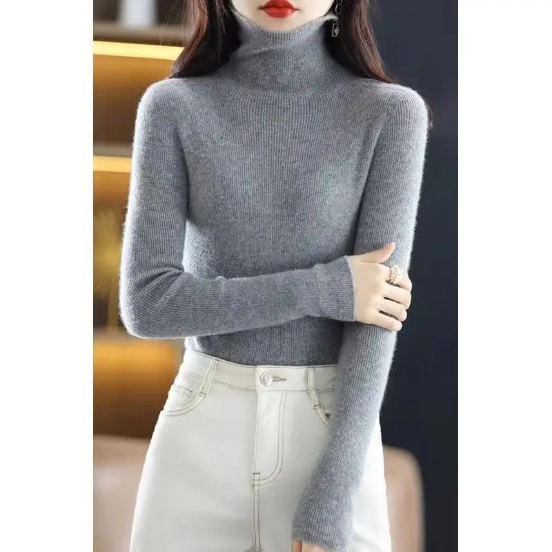 

100%Merino Pure Wool Sweater Women's High Neck AutumnWinter Basic Model Thick Pullover Solid Color Slim Fit Knit Jumper Top