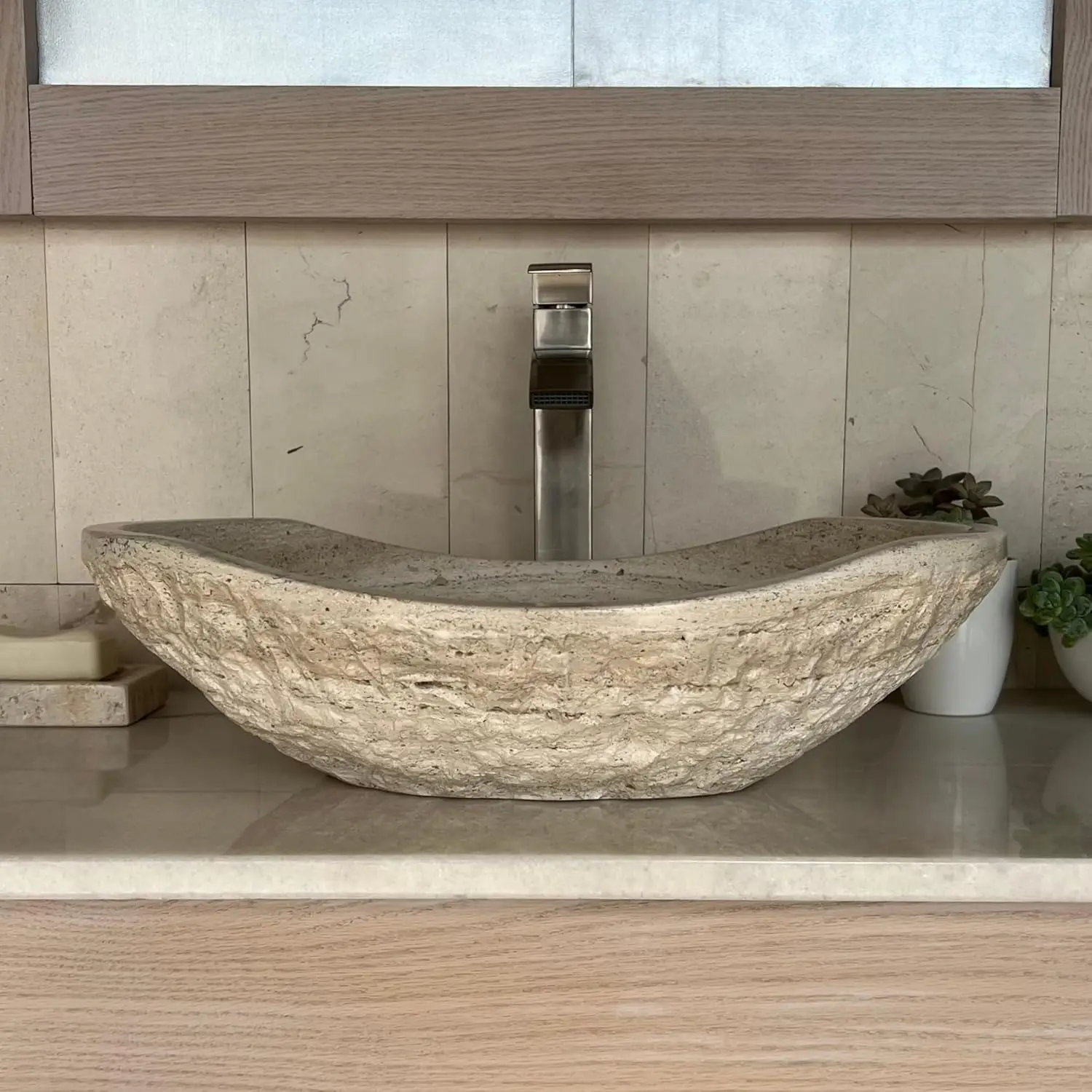 

Chiseled Stone Bathroom Vessel Sink Oval Canoe Shape Soap Tray Included