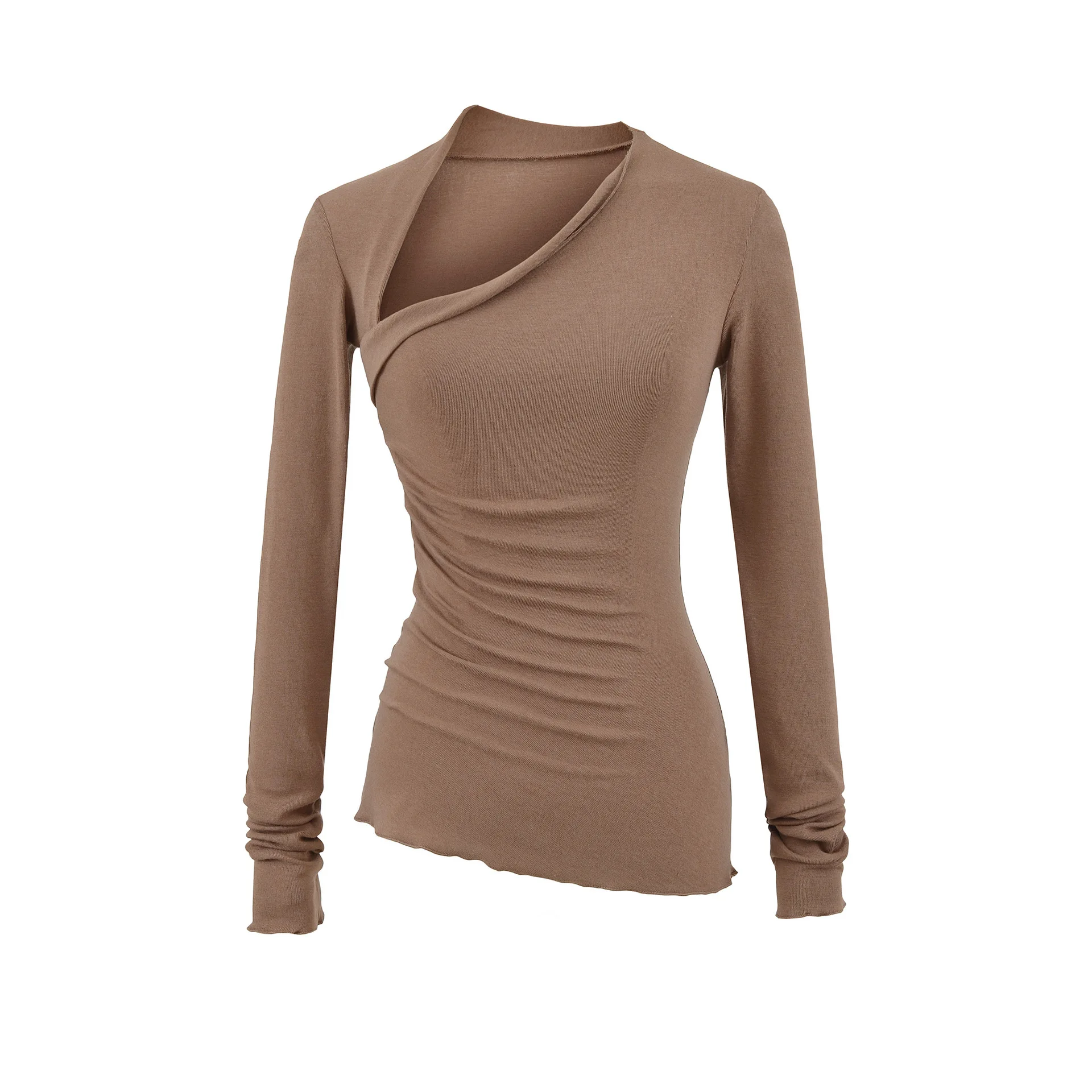 New Autumn Women's Stylish Outfit Asymmetric Neck Solid Long Sleeve Tee Flip-Waist Flared Trousers High Ropa Para Mujer
