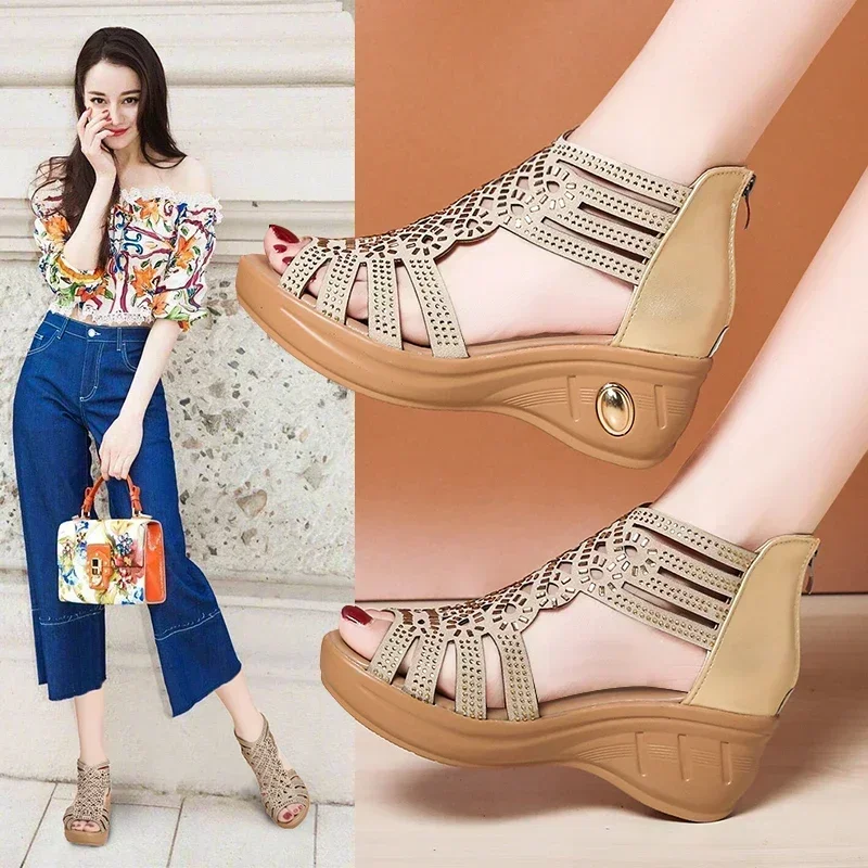 2024 New Fashion Wedge Sandals Women Summer Shoes Elegant Ladies Rome Hollow Out Sandals Female Sandalias Black Wedge Heels