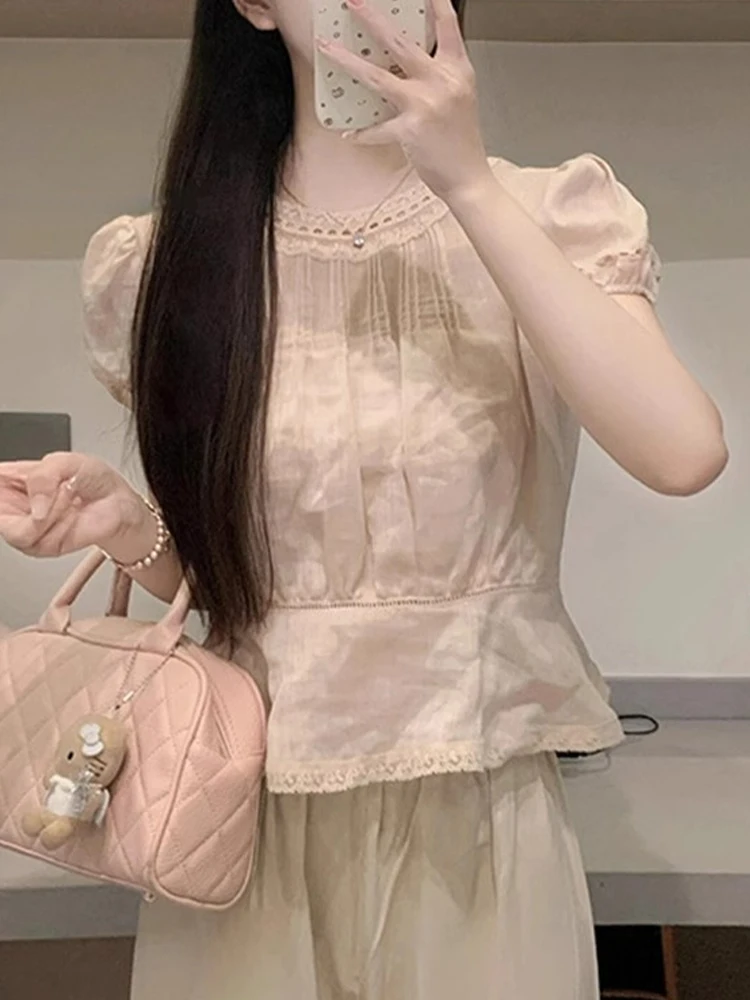 

Trendy Design Pure Color Women's ort Sve Lace Patchwork Bubble irt Summer New Sle Breathable Loose Fit round Ne Ca...