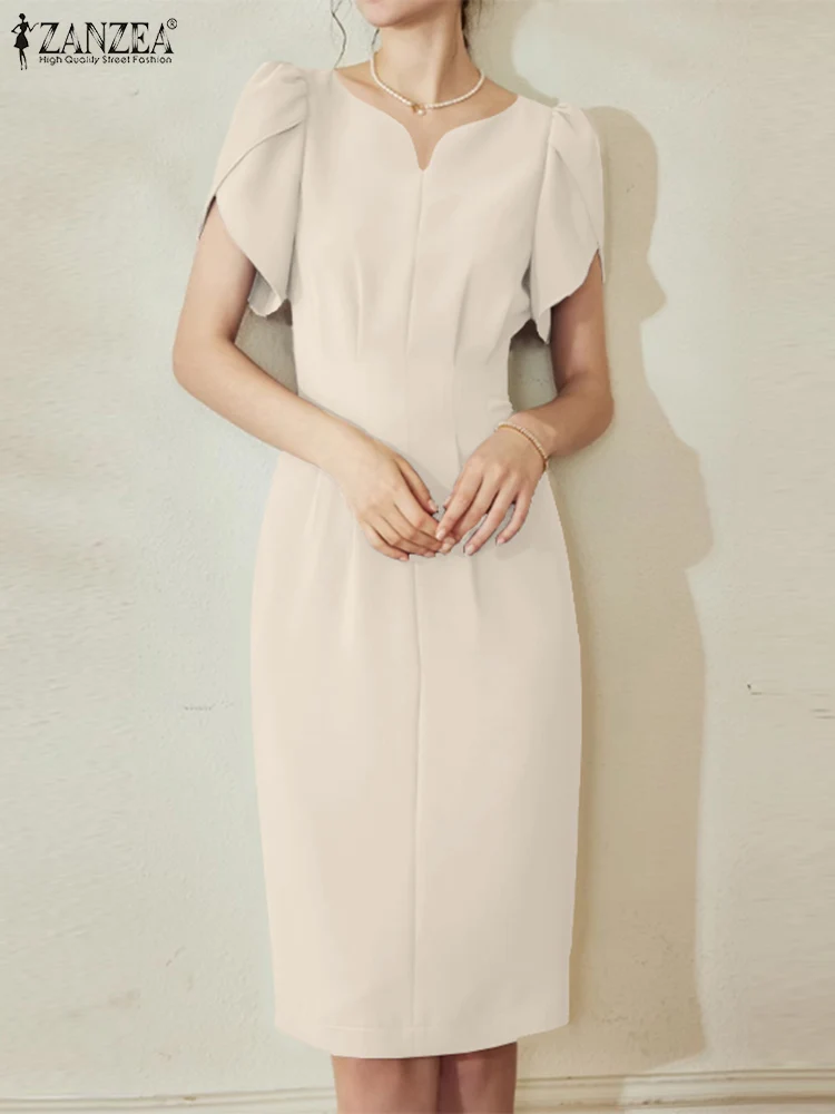 Zanzea elegante solide Midi Kleid Büro Dame Rüschen ärmel Sommerkleid Frauen tailliert gewickelt Vestidos Urlaub Sommer V-Ausschnitt Kleider