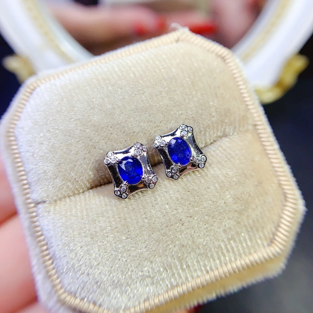 

SHILOVEM 925 sterling silver Natural sapphire stud earrings fine Jewelry women wedding gift wholesale 4*5mm jce040562agl