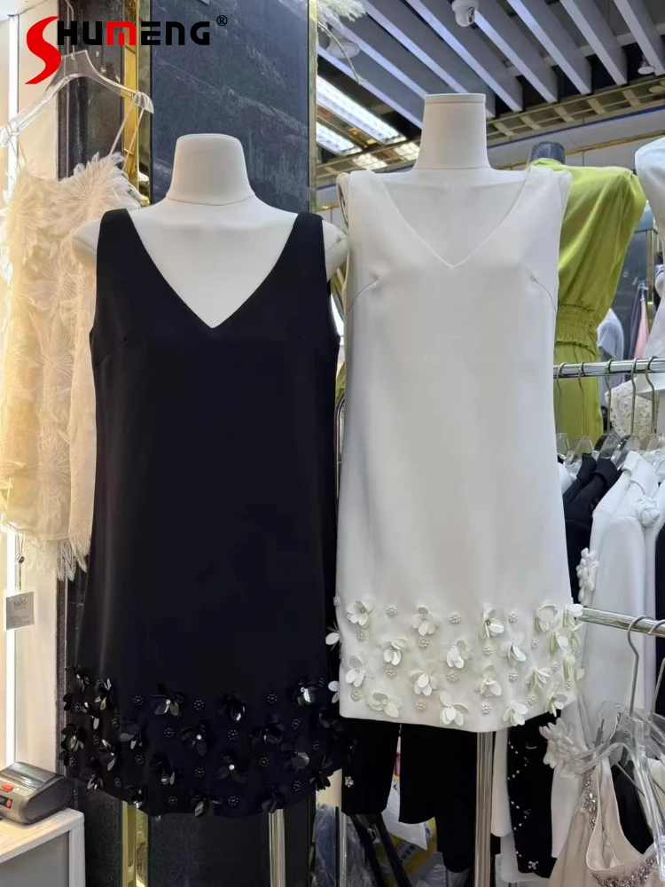 

Трехмерные платья с цветочными пайетками, темпераментная светская львица, новинка лета 2022, жилет без рукавов с v-образным вырезом, юбки, красивая юбка трапециевидной формы