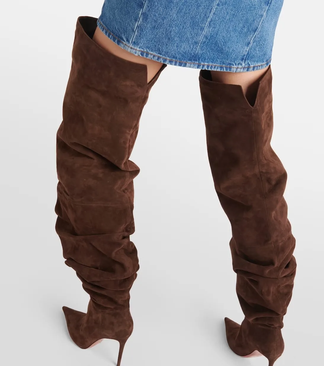 2024 Fashion Brown Over Knee Sleeve Boots Women\'s Sexy Nightclub Stage Runway Boots Denim Folds Long Boots  44