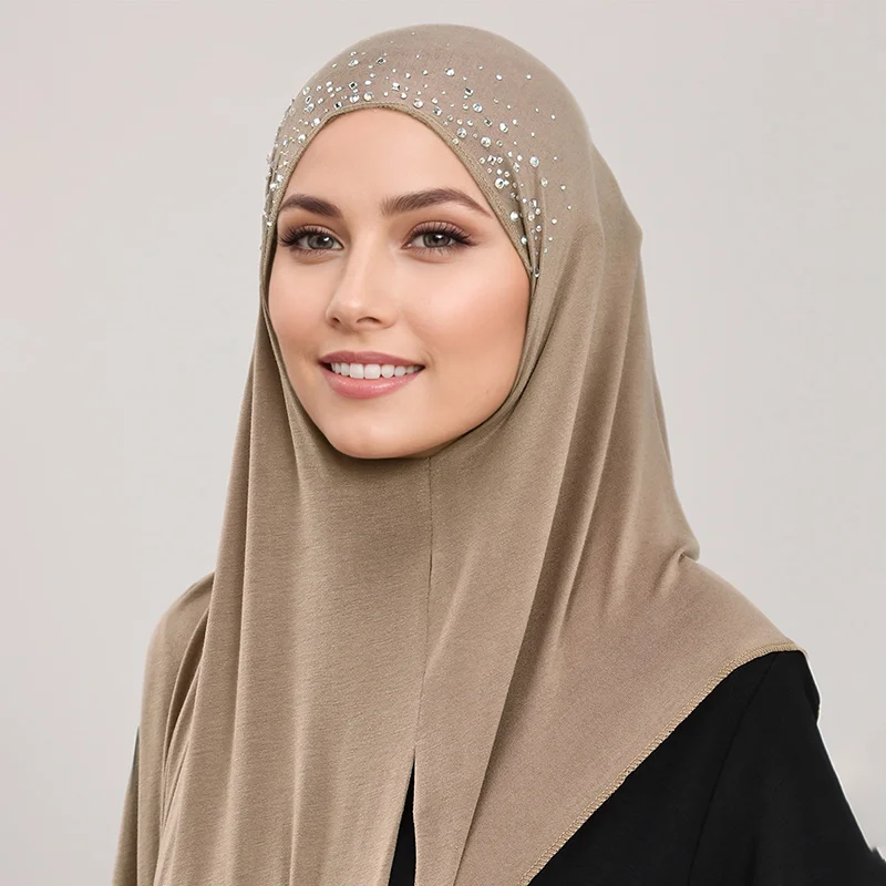 Muslim Rhinestone Cotton Jersey Instant Hijab Scarf For Woman Hijab Plain Shawl Wraps Irregular Ready To Wear Headband Scarves