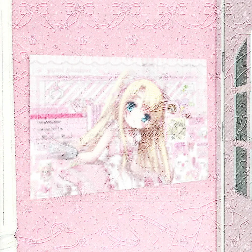 Bow Café Tapestry, Heavy Soft Mist Blur Cute Anime Maiden with Fluffy Pale Blonde Twin Pigtails, Glossy Oversized Blue Eyes, Pin