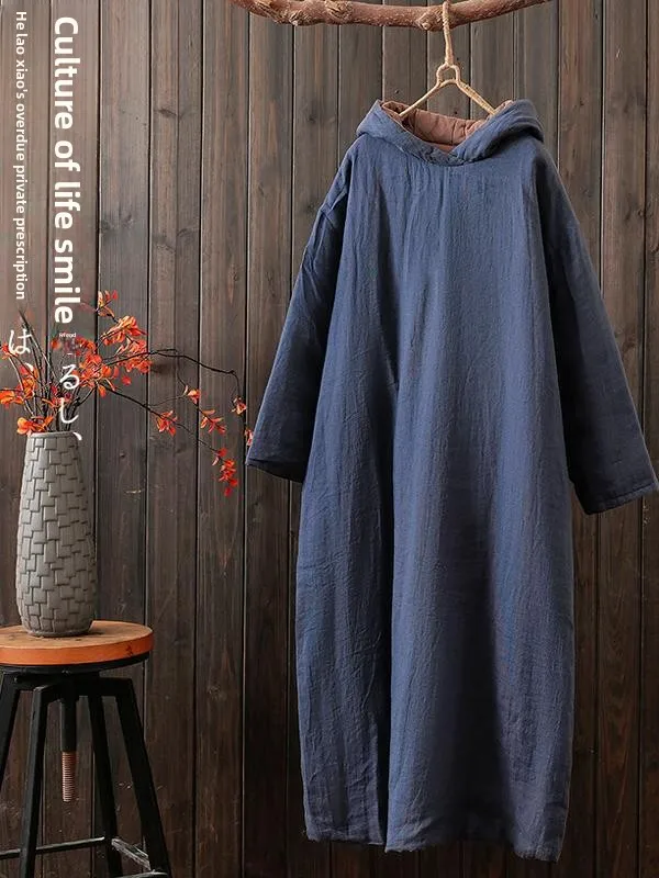 秋冬の麻綿ジャケットロングコート、ゆったりとしたエスニック風レトロな女性服、Aラインスカート、ロングスリーブ帽子