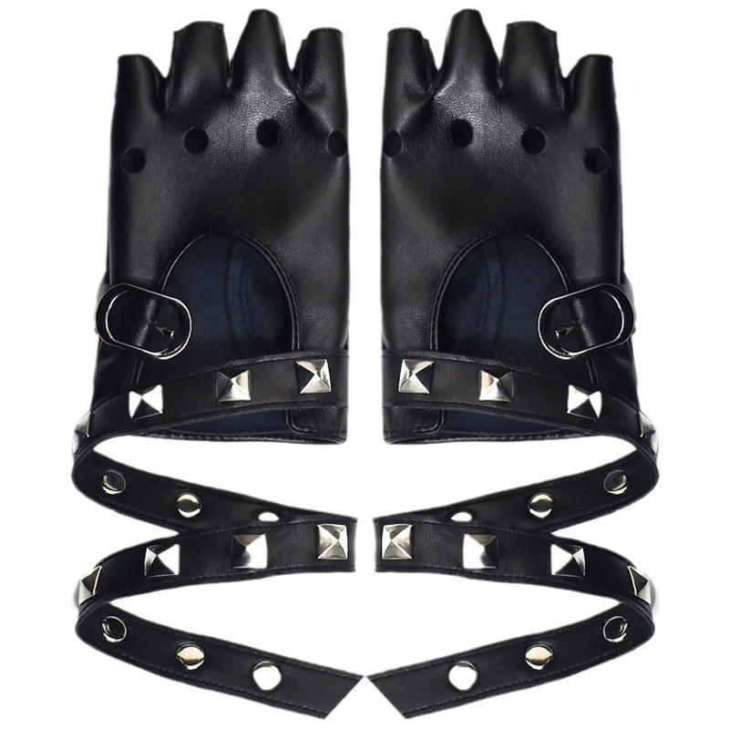 Women Gloves Lolita Punk Gothic Straps Rivet Half Finger Faux Leather Semi-Finger Gloves Female Hot Girls PY06