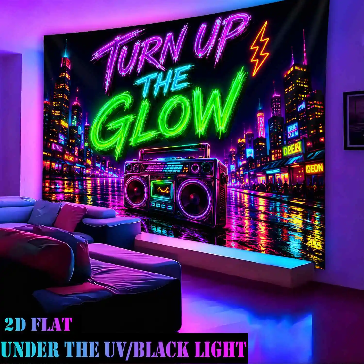 Neon City Boombox Tapestry, Turn Up The Glow Wall Hanging, Retro 80s Room Decor, Cyberpunk Bedroom Blanket, Gift