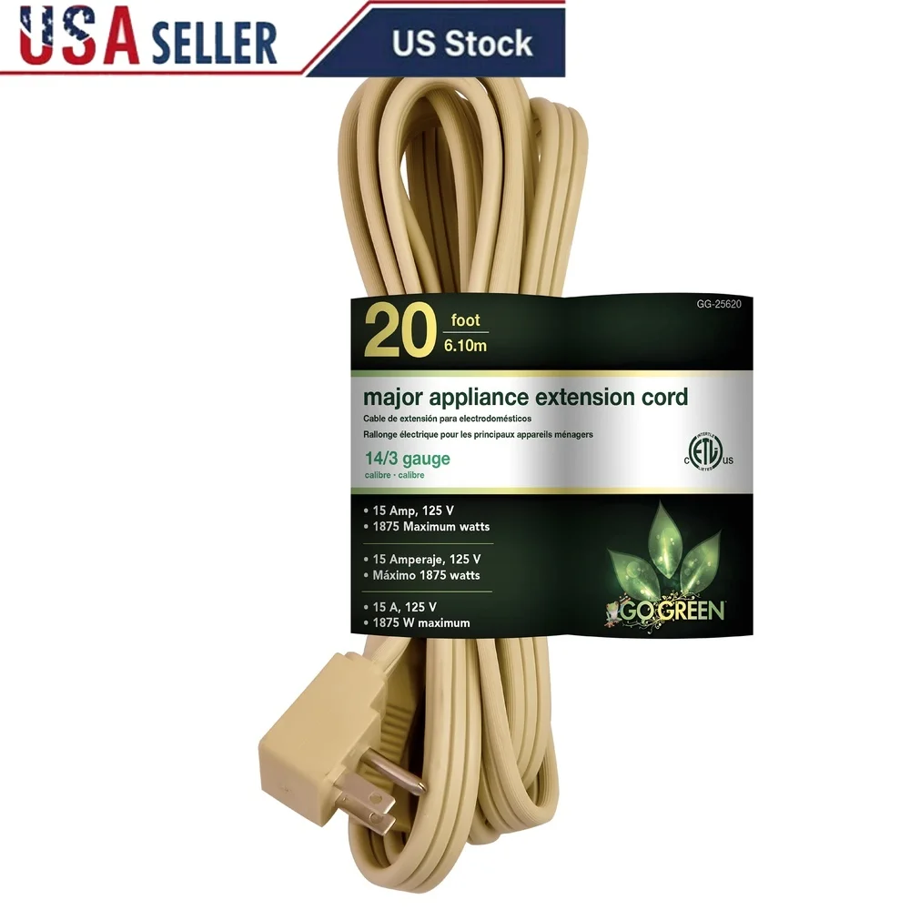 

Heavy Duty 14 Gauge 20ft Appliance Cord Indoor Use Kink Free Grounded Right Angle Plug Moisture Resistant Vinyl Jacket cETL