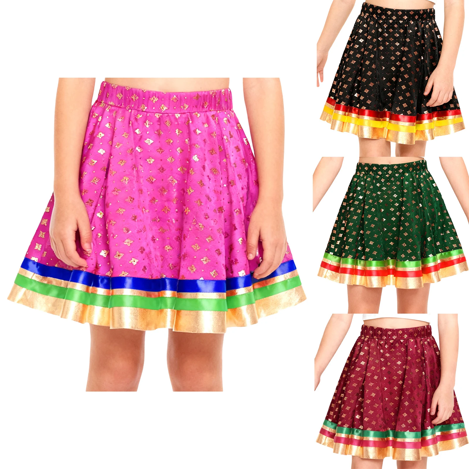 Dziecięca spódnica taneczna dla dziewczynek, lehenga choli, satynowy brokat ze złotymi motywami, kolorowa spódnica do tańca, na imprezy, podróże, spódnice taneczne.