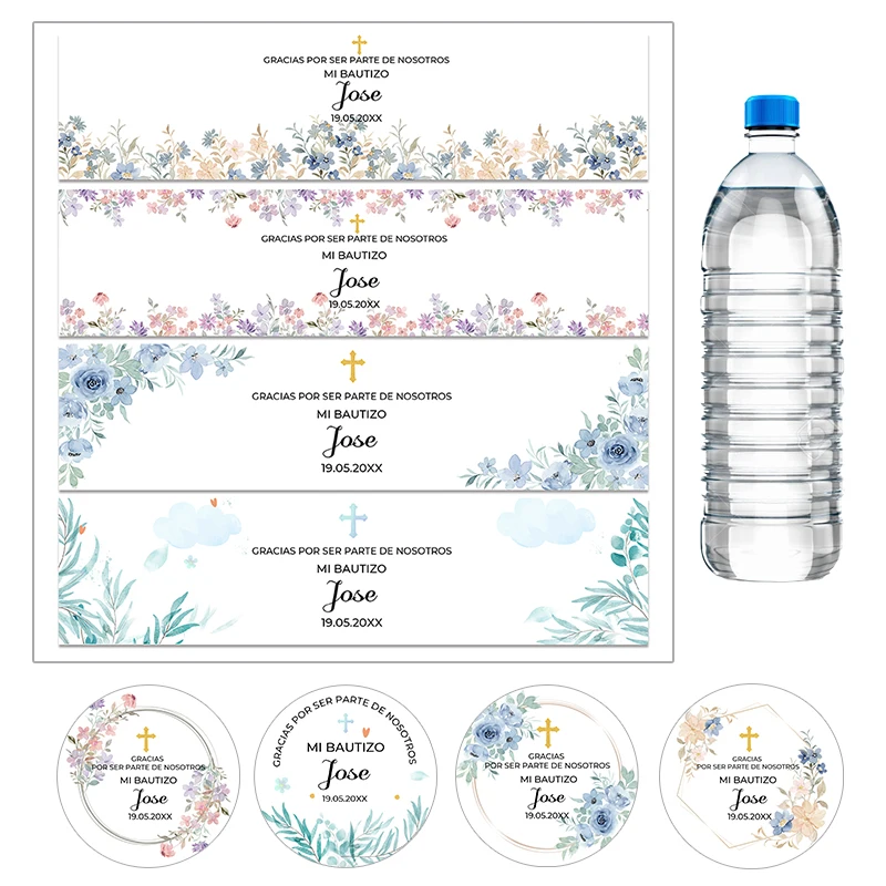 Baptism Communion Confirmation Custom Any Text Sticker Water Bottle Sticker Self-adhesive Labels Foral Decor Mi Bautizo Stickers