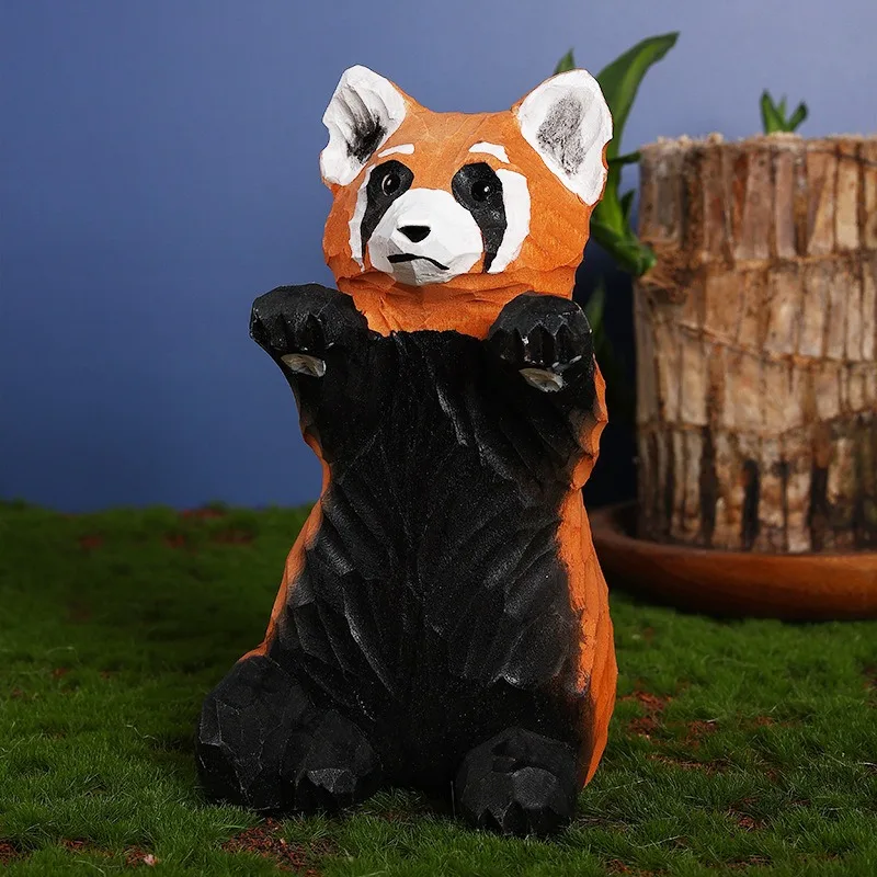 1 PC Handcrafted Red Panda Desk Ornament Realistic Cartoon Style Wooden Animal Statue Miniatures DIY Bonsai Landscape Decoration