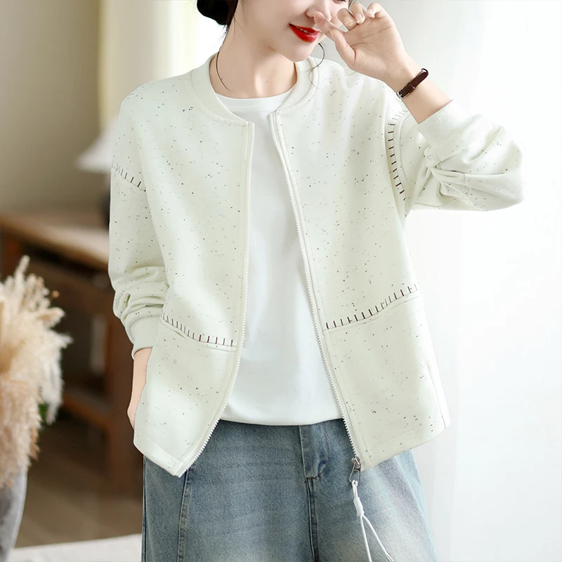 Casual Style Short Baseball Jacket Women's Loose Fit round Neck Spring Autumn White New Fashion Open Cardigan Top for Ladies