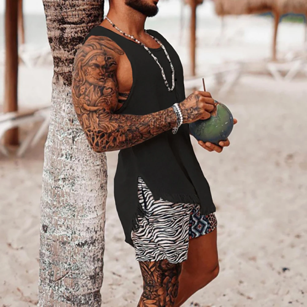 Mens Vest Summer Beach Vacation Vintage Sleeveless Male Clothing Tops Solid Color Crew Neck Loose Causal Men\'s Tank Tops S-3XL