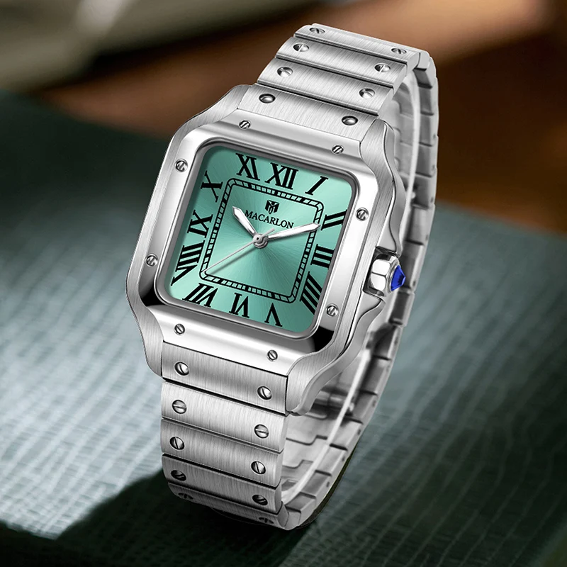 MACARLON Square Men's Automatic Watch China NH35 Movement Roman Numeral Dial Stainless Steel Bracelet Butterfly Clasp Luminous