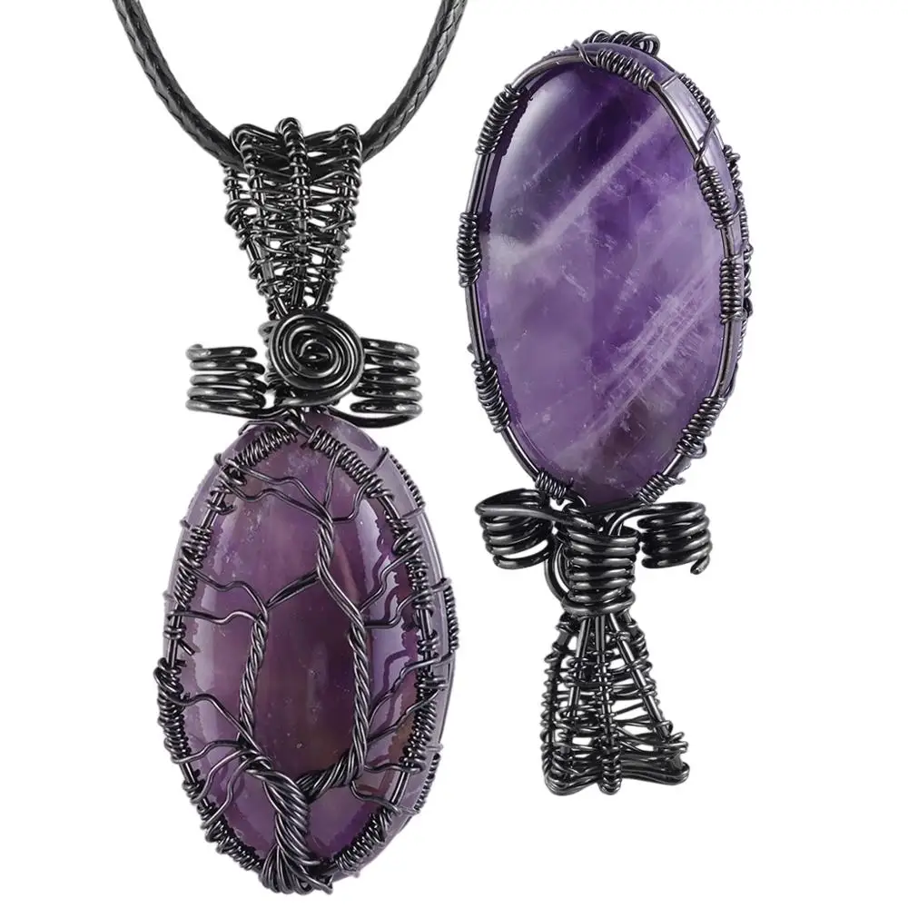 

TUMBEELLUWA Healing Chakra Oval Shape Stone Life Tree Pendant fit Necklace Handmade Copper Wire Wrapped Jewelry for Unisex