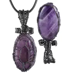 TUMBEELLUWA Healing Chakra Oval Shape Stone Life Tree Pendant fit Necklace Handmade Copper Wire Wrapped Jewelry for Unisex