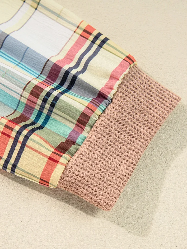 GIBSIE Plus Size Plaid Splicing Long Sleeved T-shirt For Women 2025 Autumn O-Neck Button Front Casual Loose Matching Tee Tops