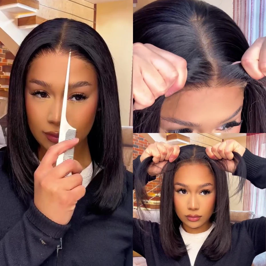 Yaki Straight Short Bob Wig Lace Closure Human Hair Wigs Pull & Go Drawstring Wig Transparent 5x5 Lace Closure Wig Light Kinky Straight 1B Natural Color Lace Glueless Wigs For Women