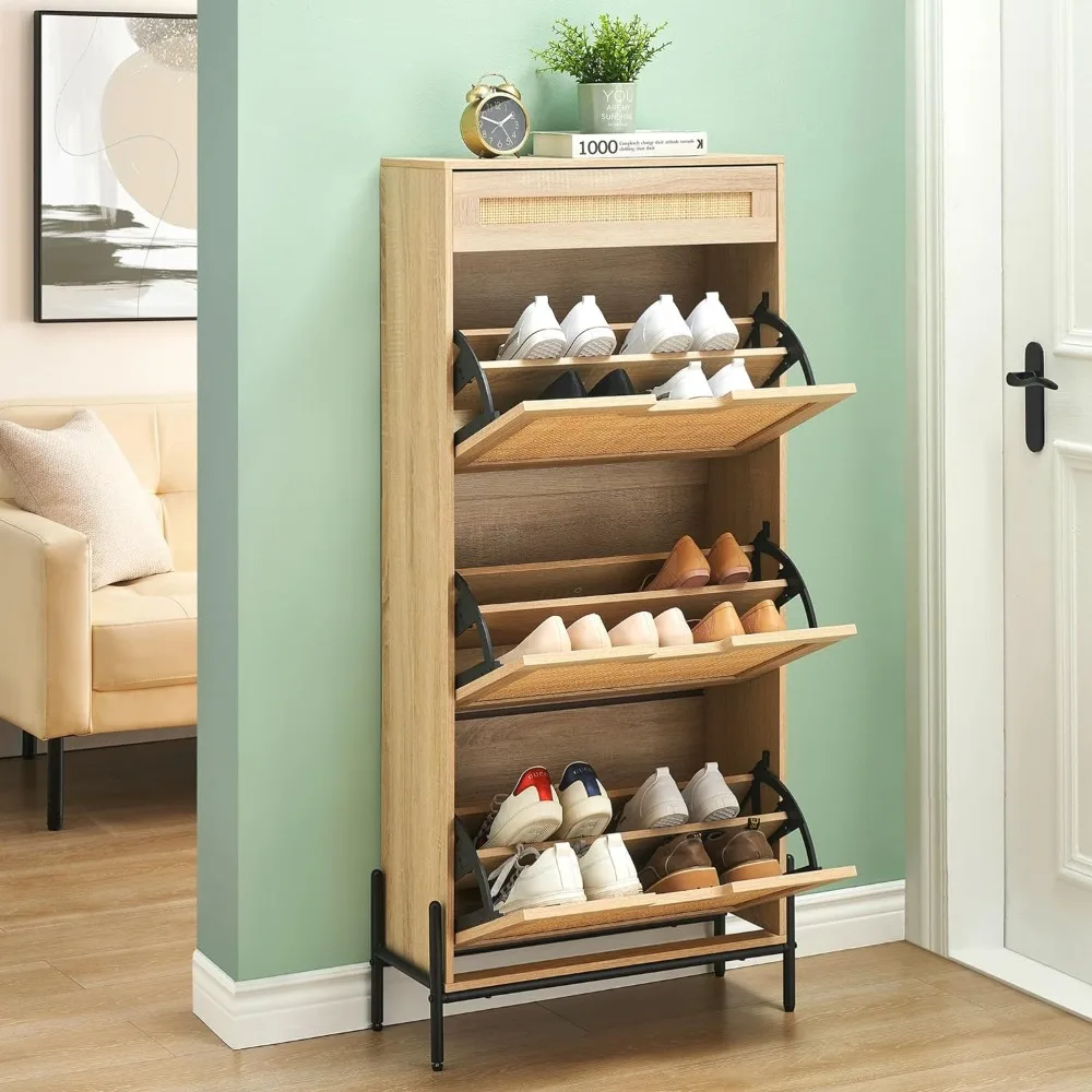 

Natural Rattan Shoe Cabinet, Entryway Cabinet Wooden Shoe Rack with 3 Flip Drawers and1 Drawer, 3-Tier Adjustable Shelves Shoe