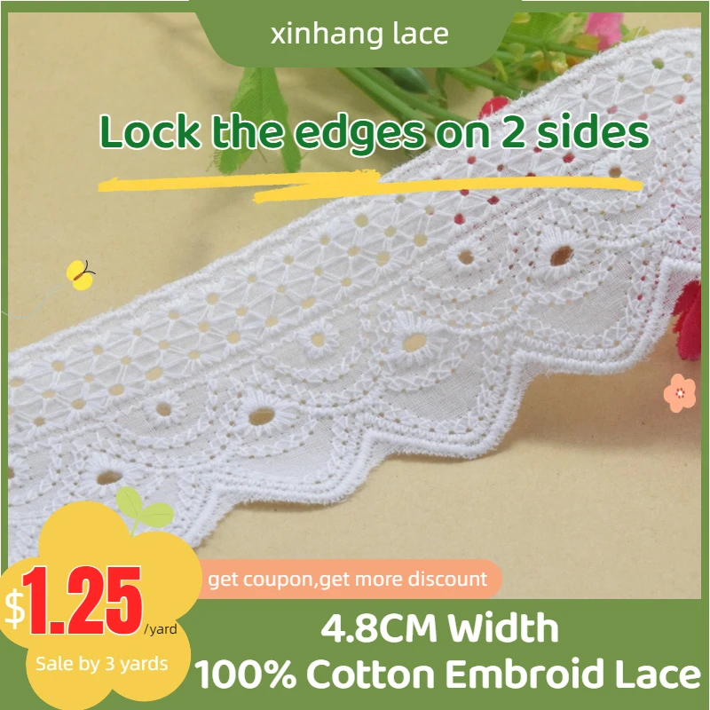 

3yard 4.8cm Width 100% Cotton Embroidery White French Lace Ribbon Fabric Guipure Diy Trims Warp Knitting Sewing Accessories#3176