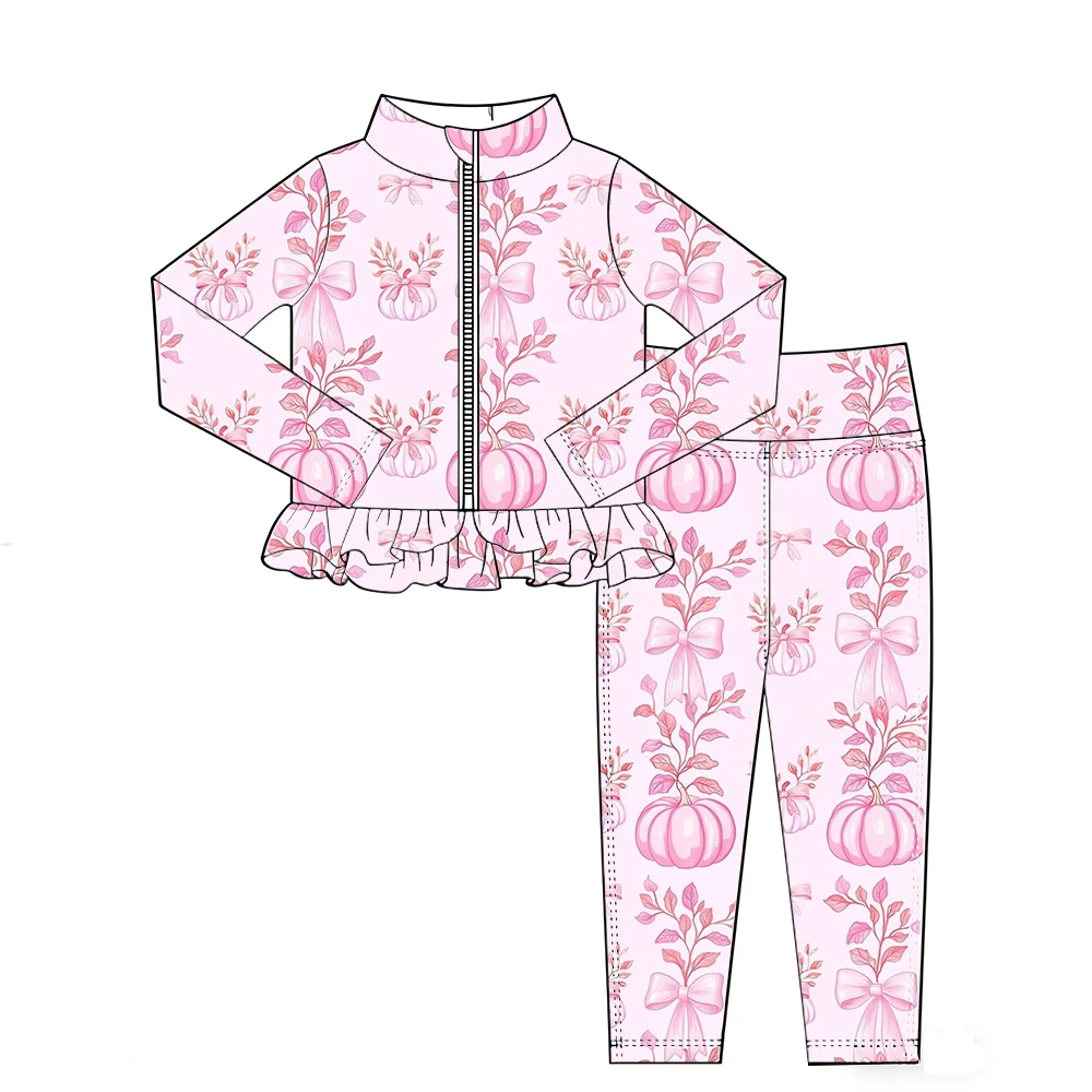 Thanksgiving Day Hot-Selling Girls' Outfit Long-Sleeved and Long-Legged with Ruffled Zipper and Pumpkin Bow Custom Wholesale