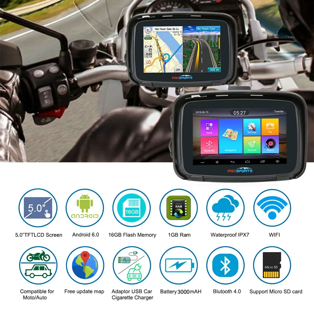 FODSPORTS speedometer sepeda motor Android 6.0, speedometer navigator gps sepeda motor 5 inci 16G tahan air untuk sepeda motor