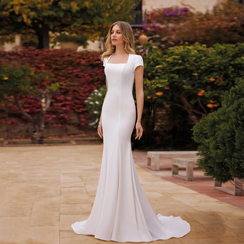 

Simple Wedding Dresses Square Neck Short Sleeves Jersey Bridal Gowns Bow Backless Floor Length Mermaid Vestidos De Novia 2024