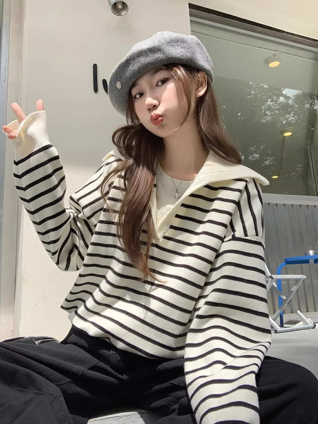 

Свободный трикотажный топ с длинным рукавом для женщин, весна-осень-зима, в полоску, с эффектом двухслойности, повседневный стиль