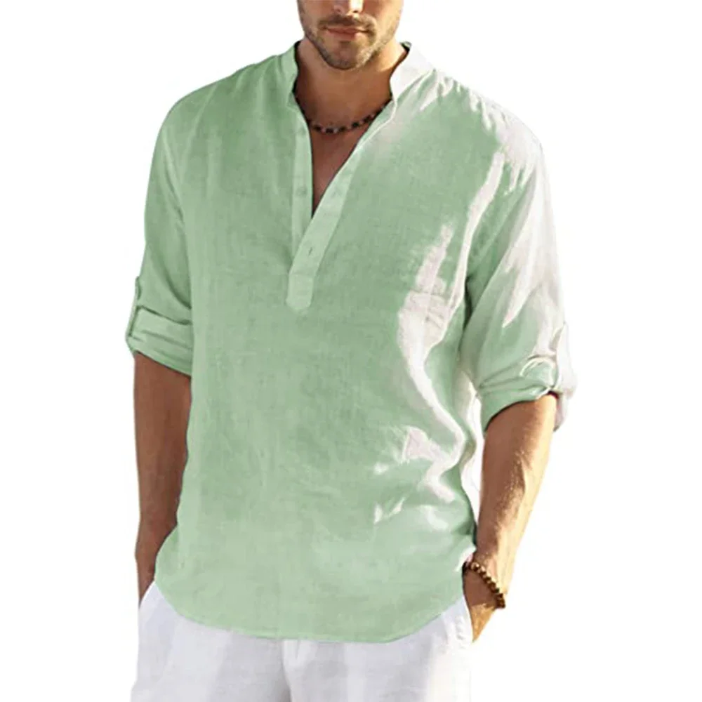 Cotton Linen Hot Sale Men Short-Sleeved Shirts Summer Solid Color Stand-Up Collar Casual Beach Style Plus Size