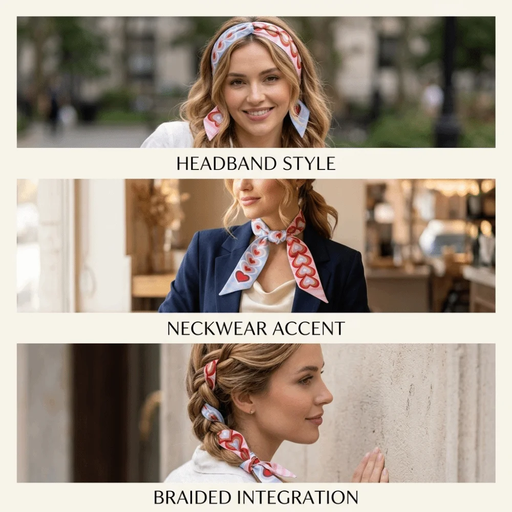 New Striped Slender Scarf Double Layer 120cm Length Satin Scarf Heart Pattern Small Headscarf Accessory Decoration