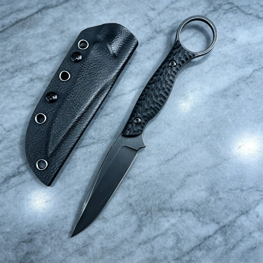 Mens EDC Fixed Blade Knife Ring‑shaped Handle Outdoor Straight Knife with Kydex Sheath for Daily Carry