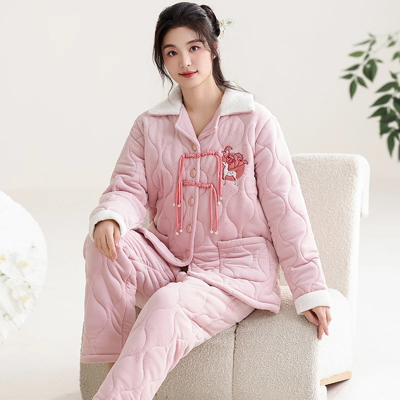 High Quality Winter Women Three Layer Clip Cotton Pijama Female Thick Turn-down Collar Solid Sleepwear